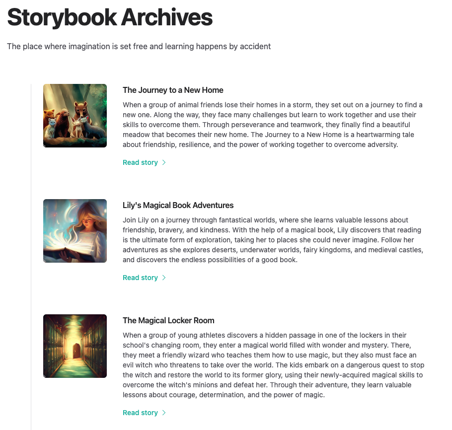 Screenshot of storybook archives